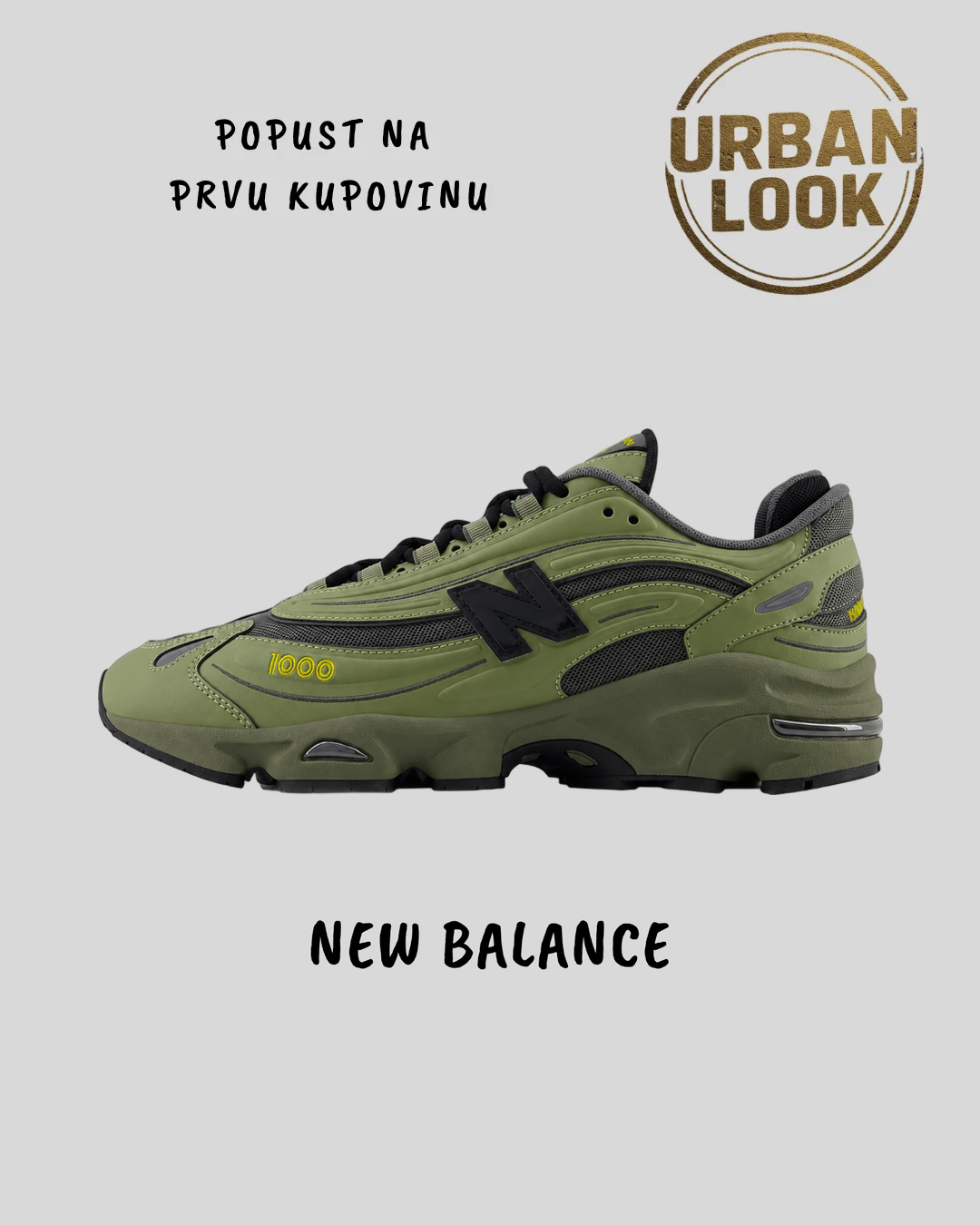 New Balance 1000 Army Green, maslinasto zelena patika sa crnim N logom, UrbanLook