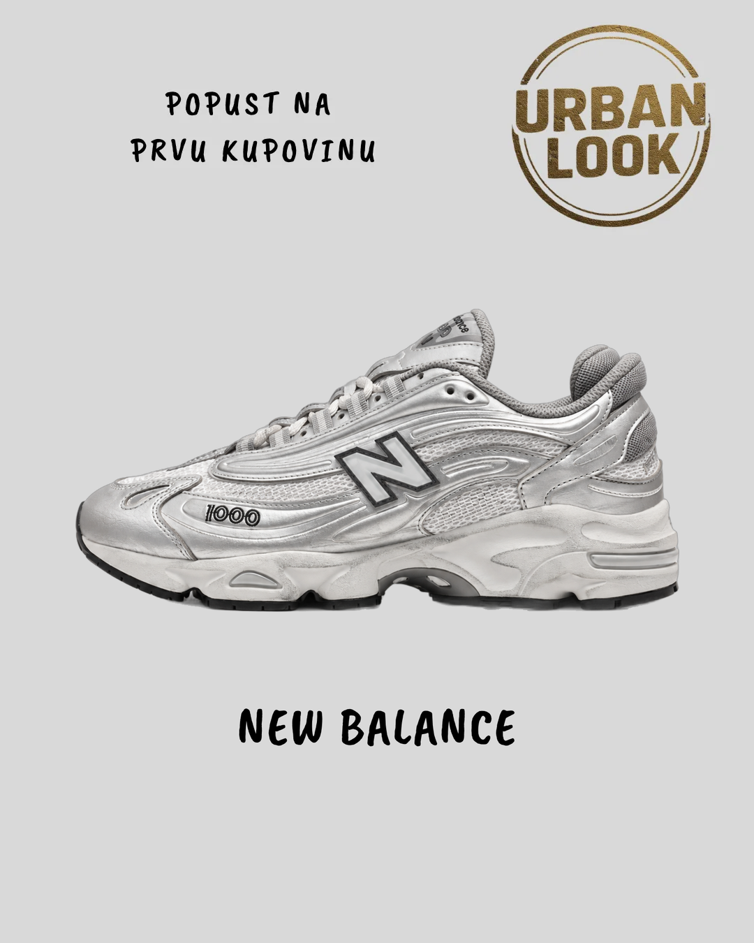 New Balance 1000 Silver, metalik srebrna patika, UrbanLook